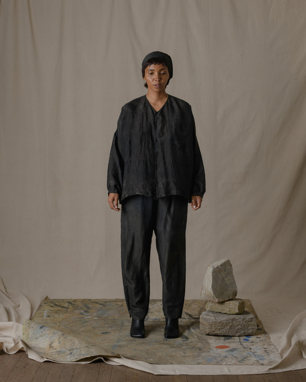 No Collar Shirt Wide Khadi Silk in Ash Glaze