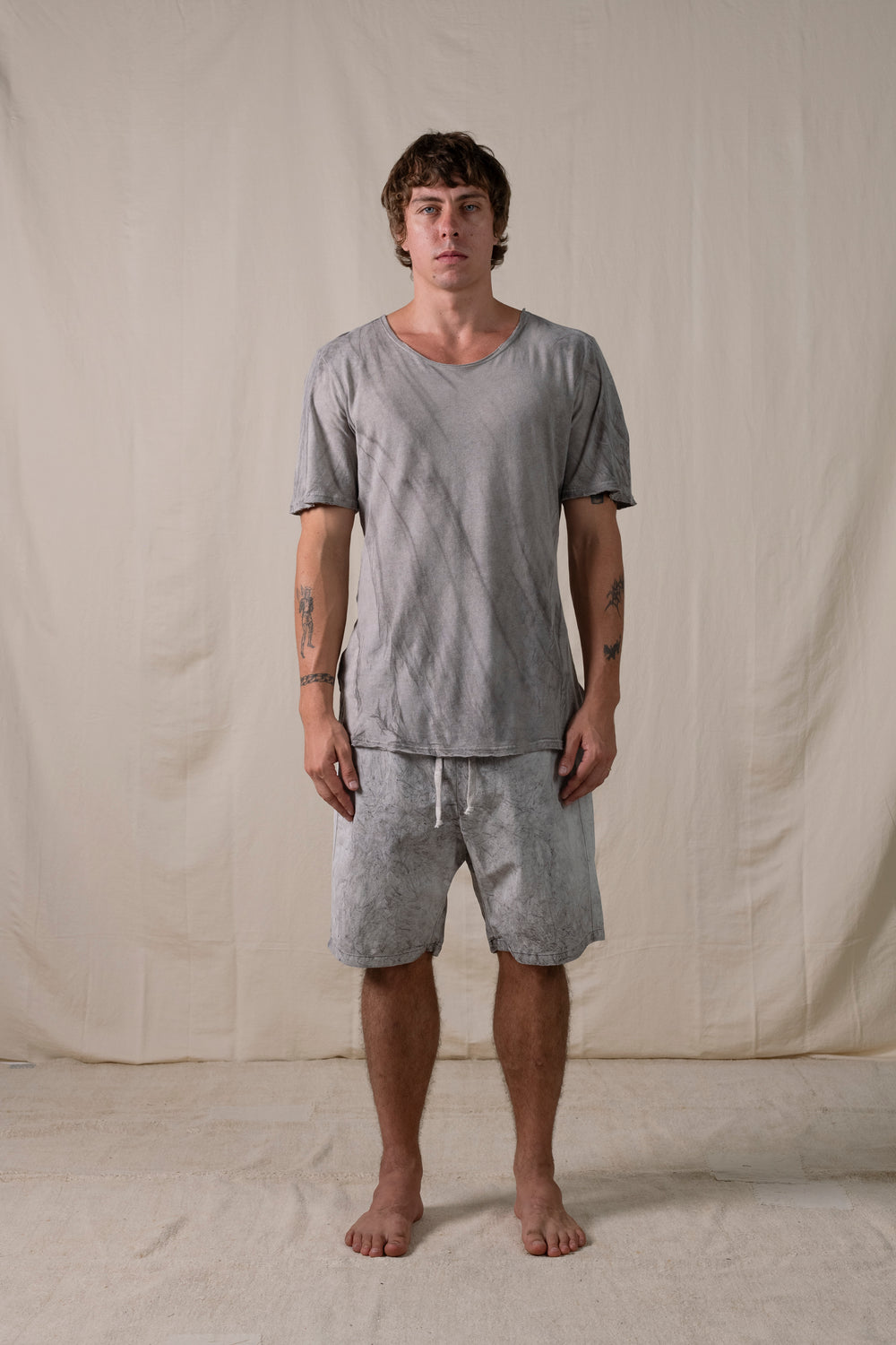 Central Back Seam Cotton Linen T Shirt Hand-dyed Grey