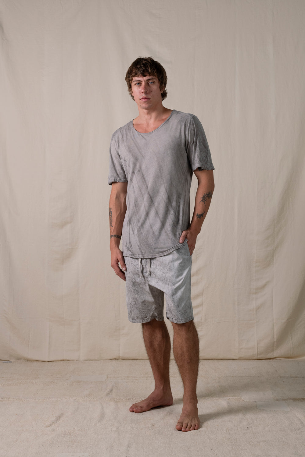 Central Back Seam Cotton Linen T Shirt Hand-dyed Grey