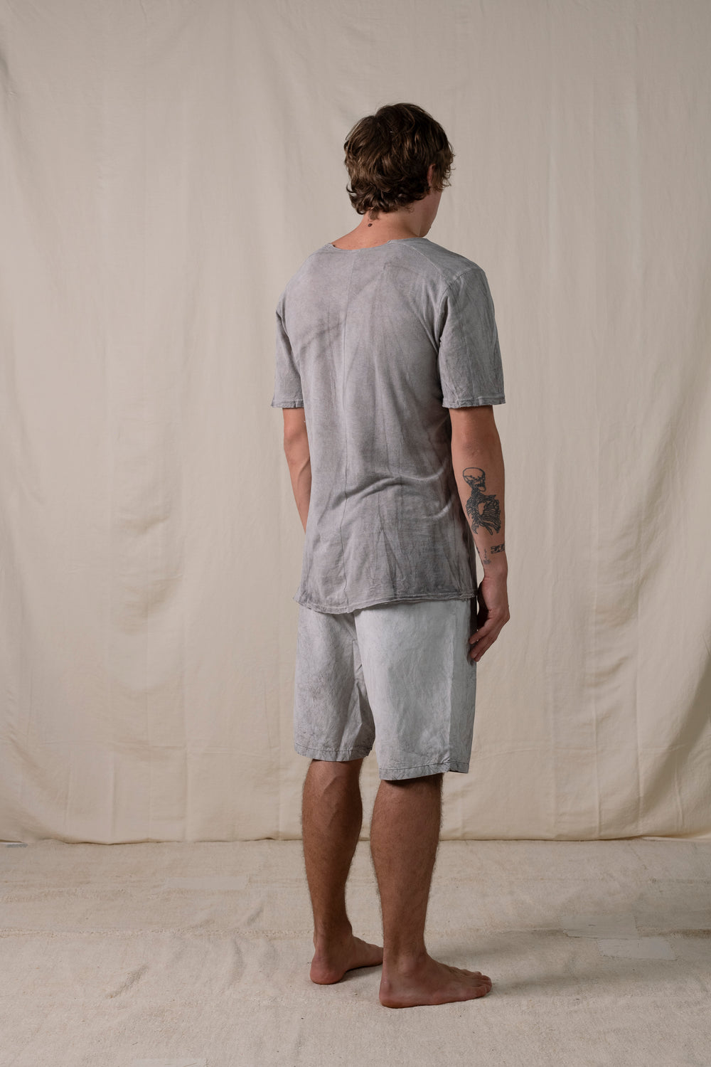 Central Back Seam Cotton Linen T Shirt Hand-dyed Grey