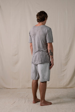 Central Back Seam Cotton Linen T Shirt Hand-dyed Grey