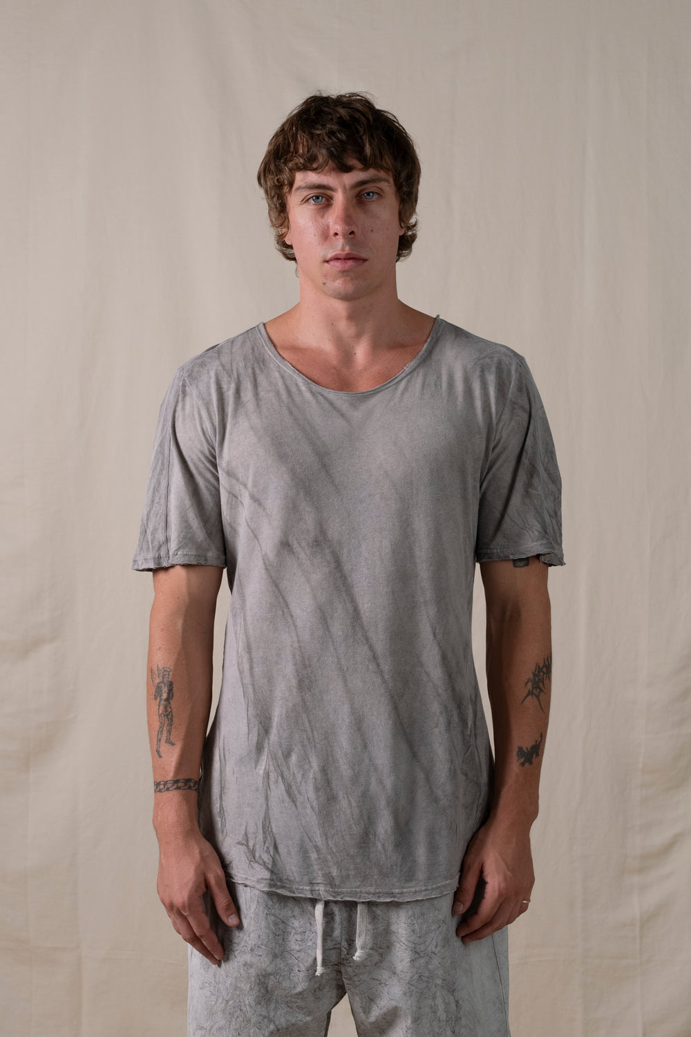 Central Back Seam Cotton Linen T Shirt Hand-dyed Grey
