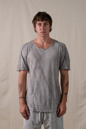 Central Back Seam Cotton Linen T Shirt Hand-dyed Grey