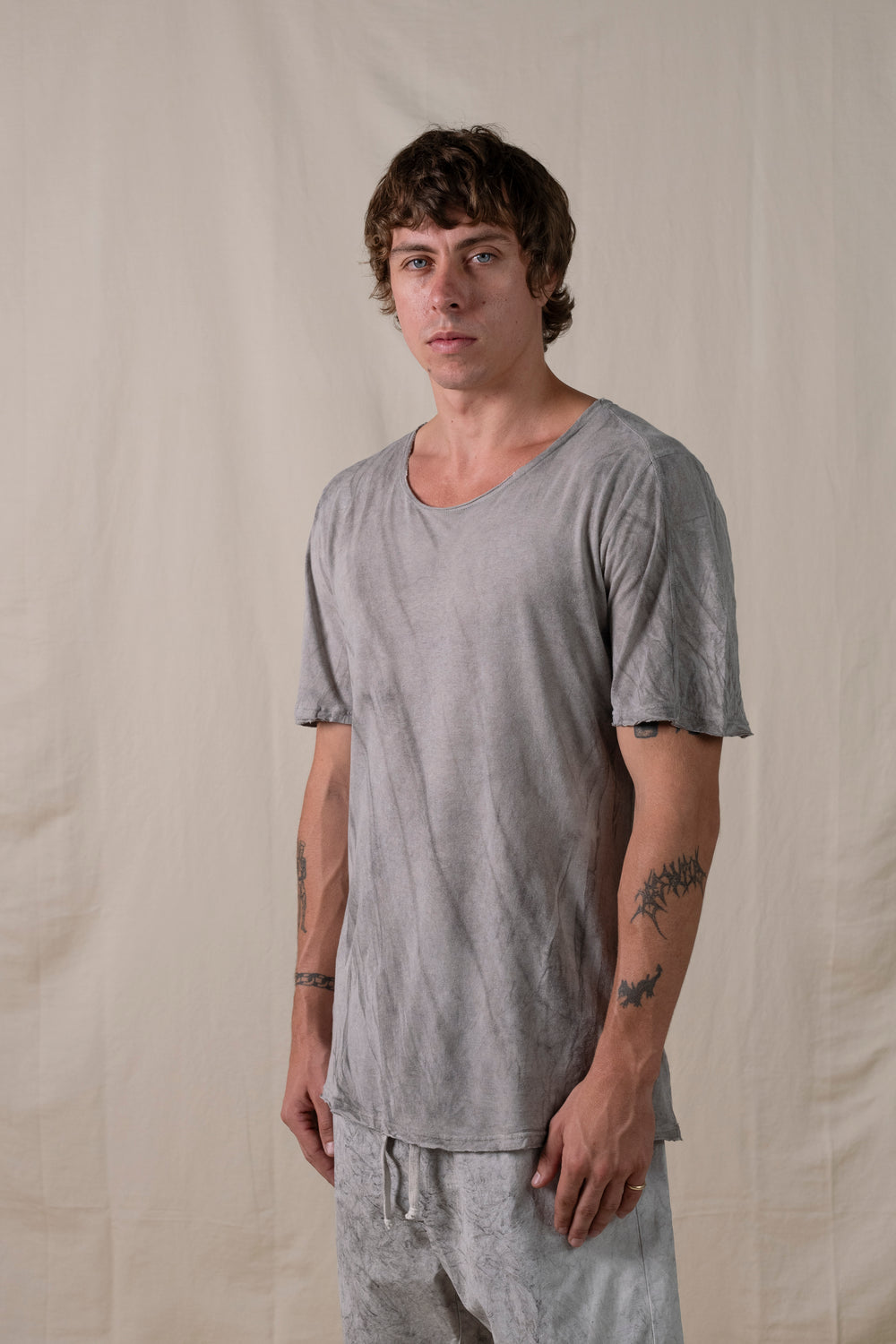 Central Back Seam Cotton Linen T Shirt Hand-dyed Grey