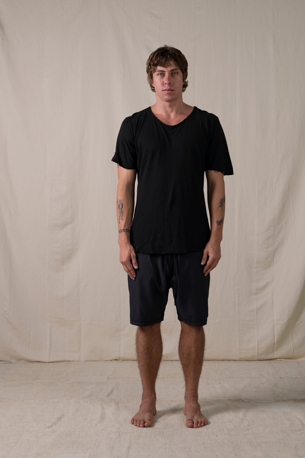 Central Back Seam Cotton Linen T Shirt Black