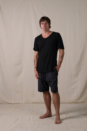 Central Back Seam Cotton Linen T Shirt Black