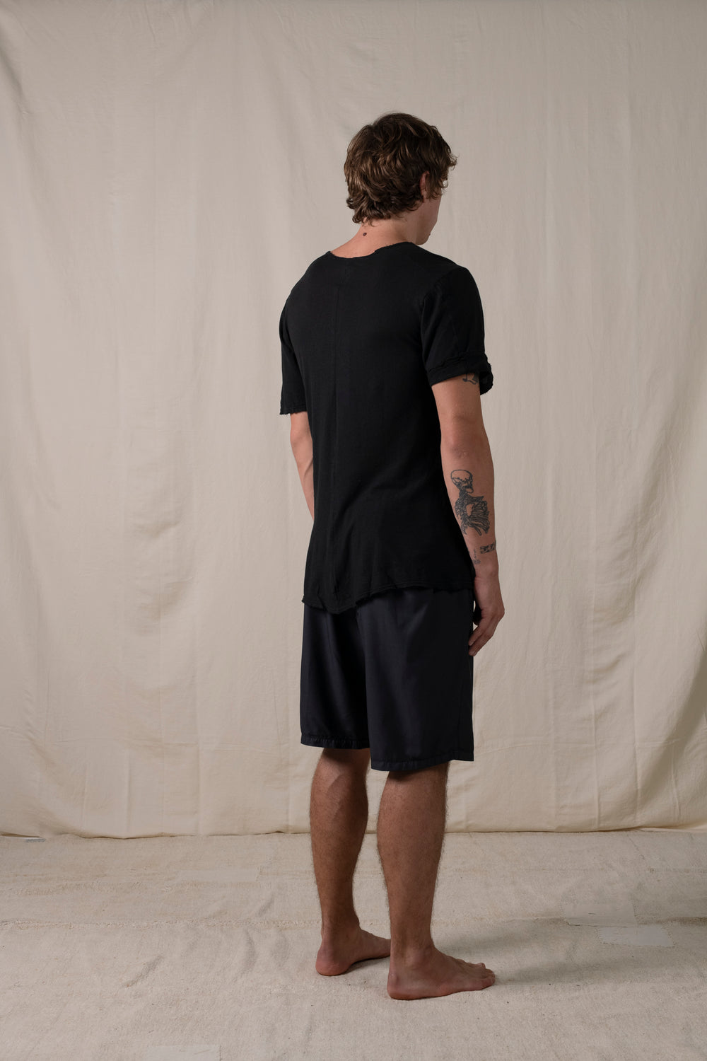 Central Back Seam Cotton Linen T Shirt Black