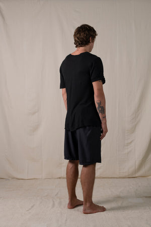 Central Back Seam Cotton Linen T Shirt Black