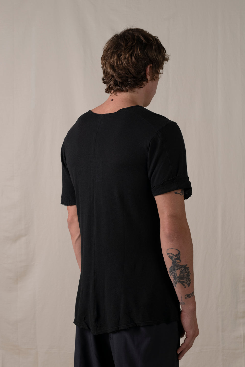 Central Back Seam Cotton Linen T Shirt Black
