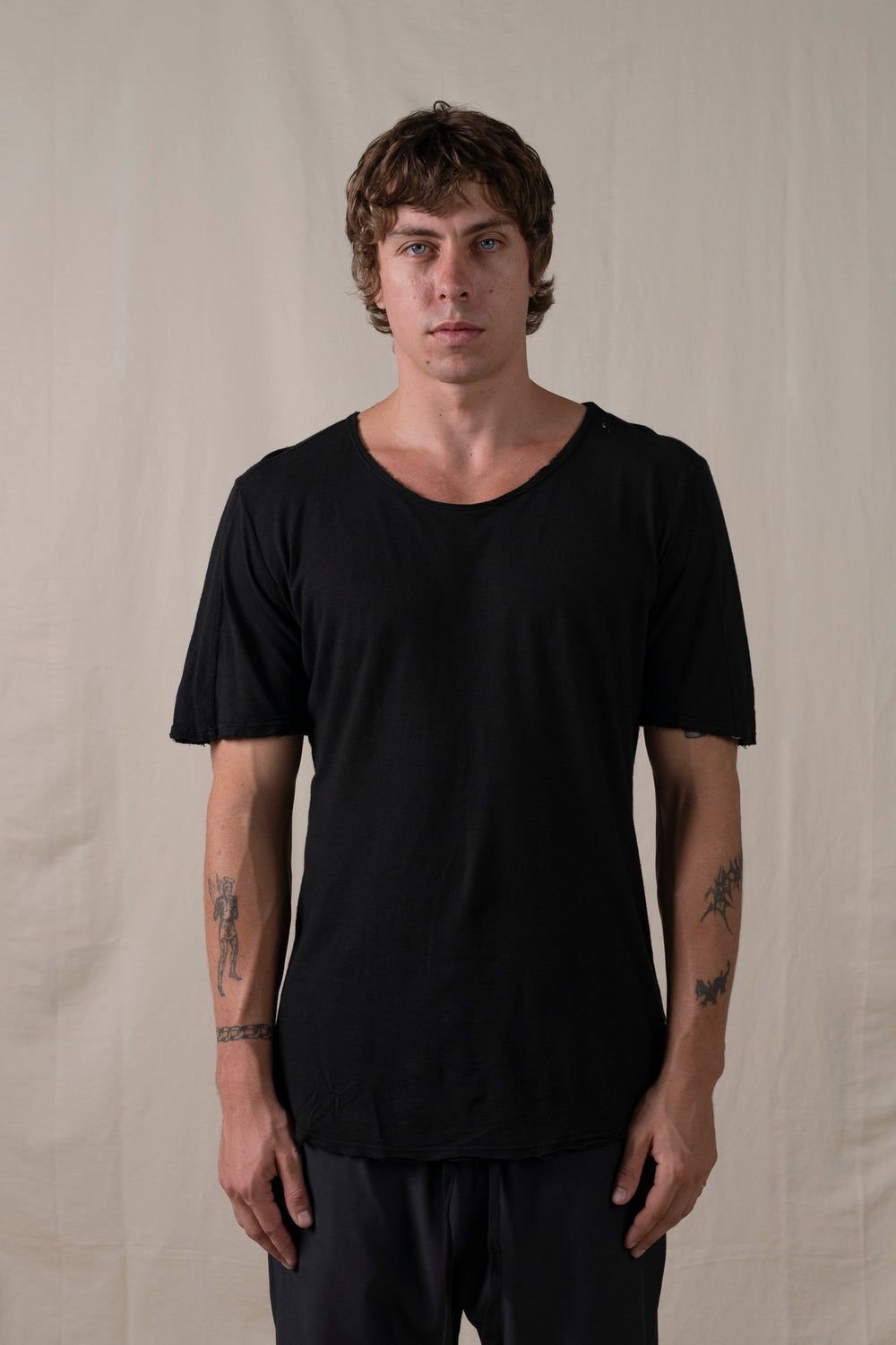 Central Back Seam Cotton Linen T Shirt Black