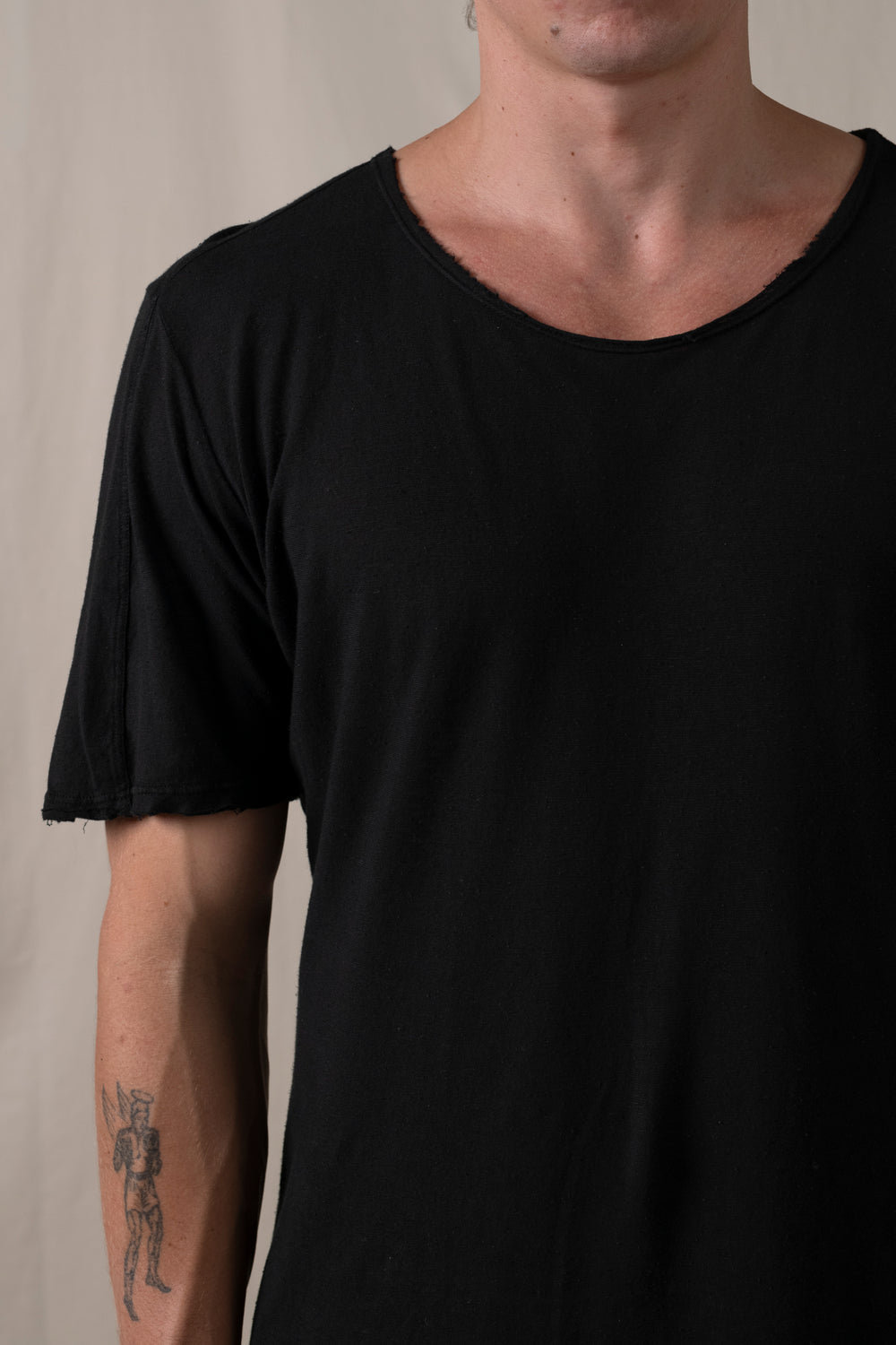 Central Back Seam Cotton Linen T Shirt Black
