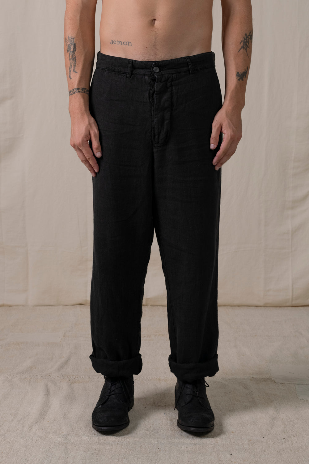 Back Buckle Pants Linen Black