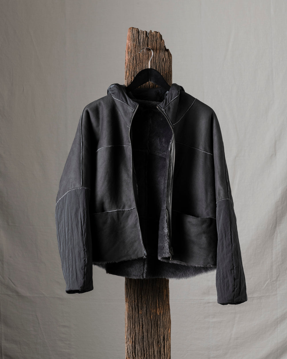 Hooded Leather Jacket Anthracite