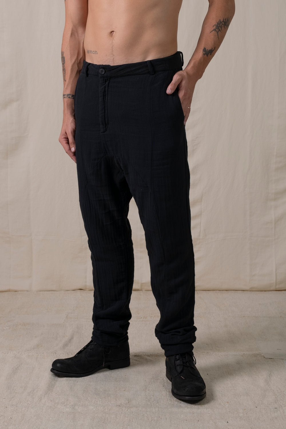 Front Panel Pants Cotton Black