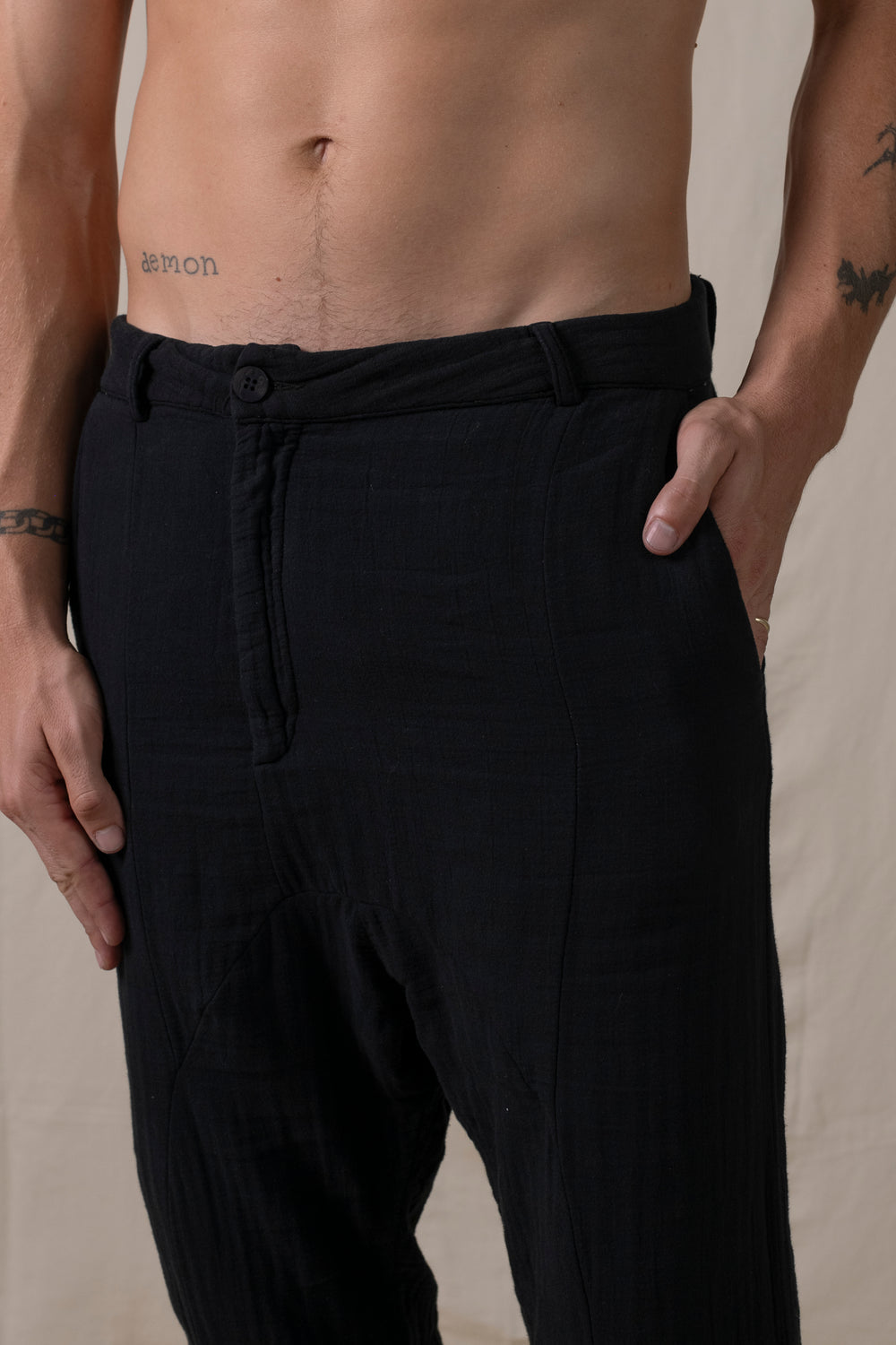 Front Panel Pants Cotton Black