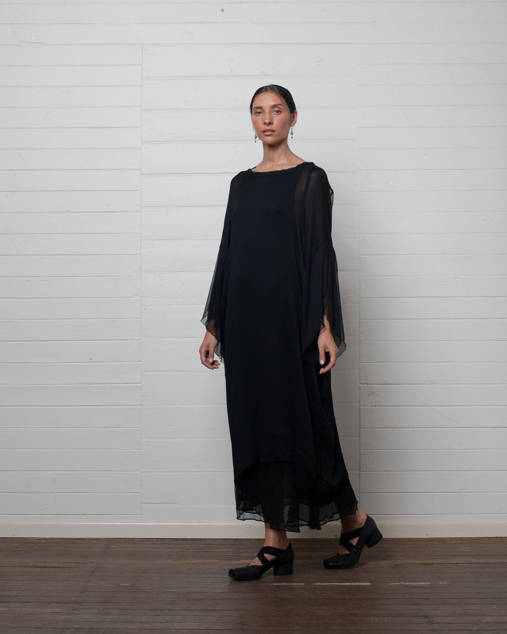 Crinkle Chiffon Tunic with Raw Hems Black