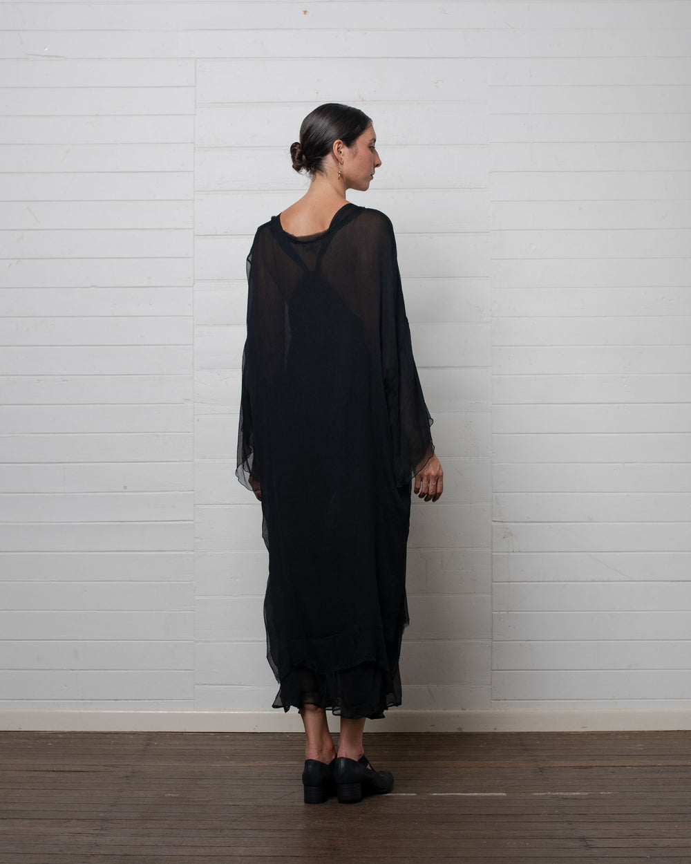 Crinkle Chiffon Tunic with Raw Hems Black