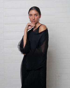 Crinkle Chiffon Tunic with Raw Hems Black