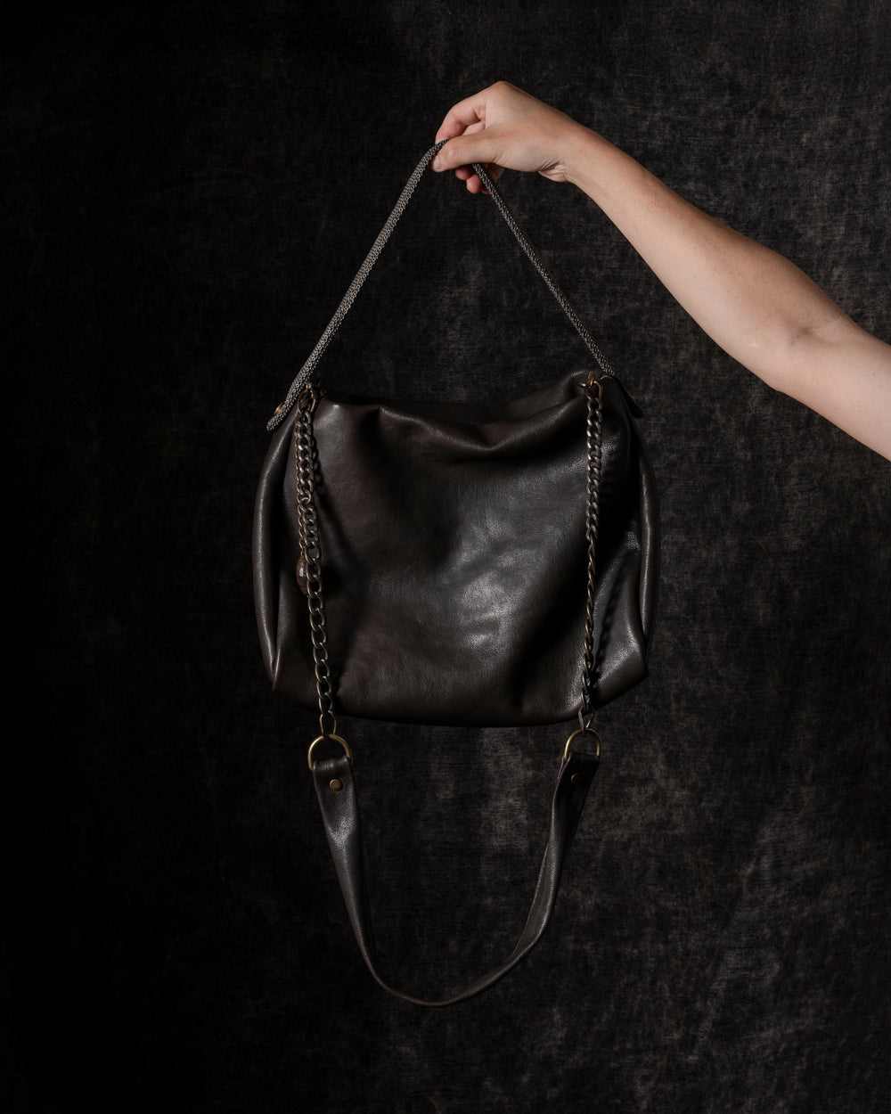 Paula Shoulder Bag Leather Brown w/ Mesh Handle