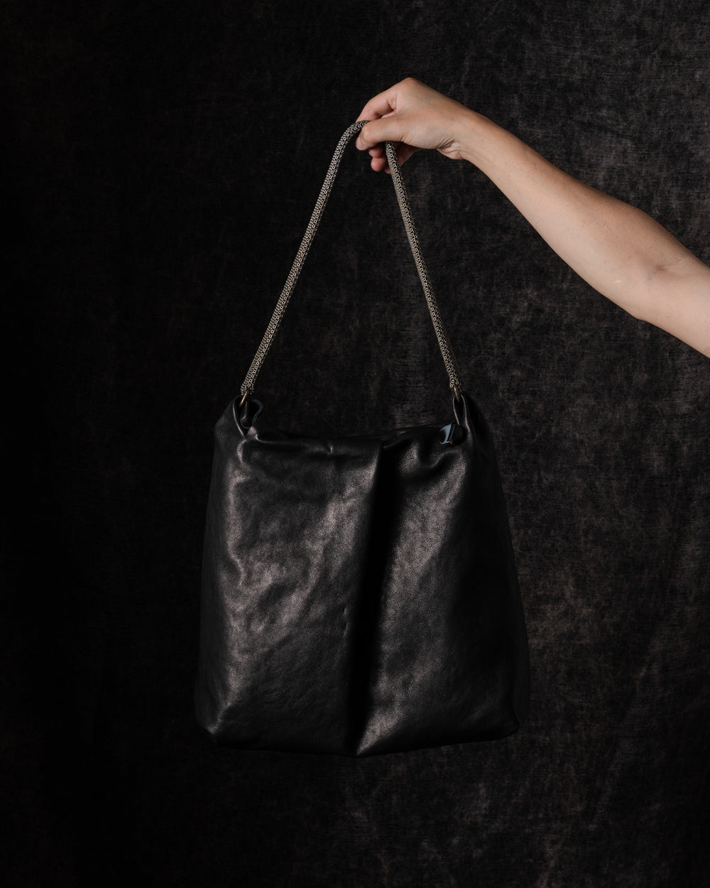 Michelle Shoulder Bag Leather w/ Mesh Handle Black