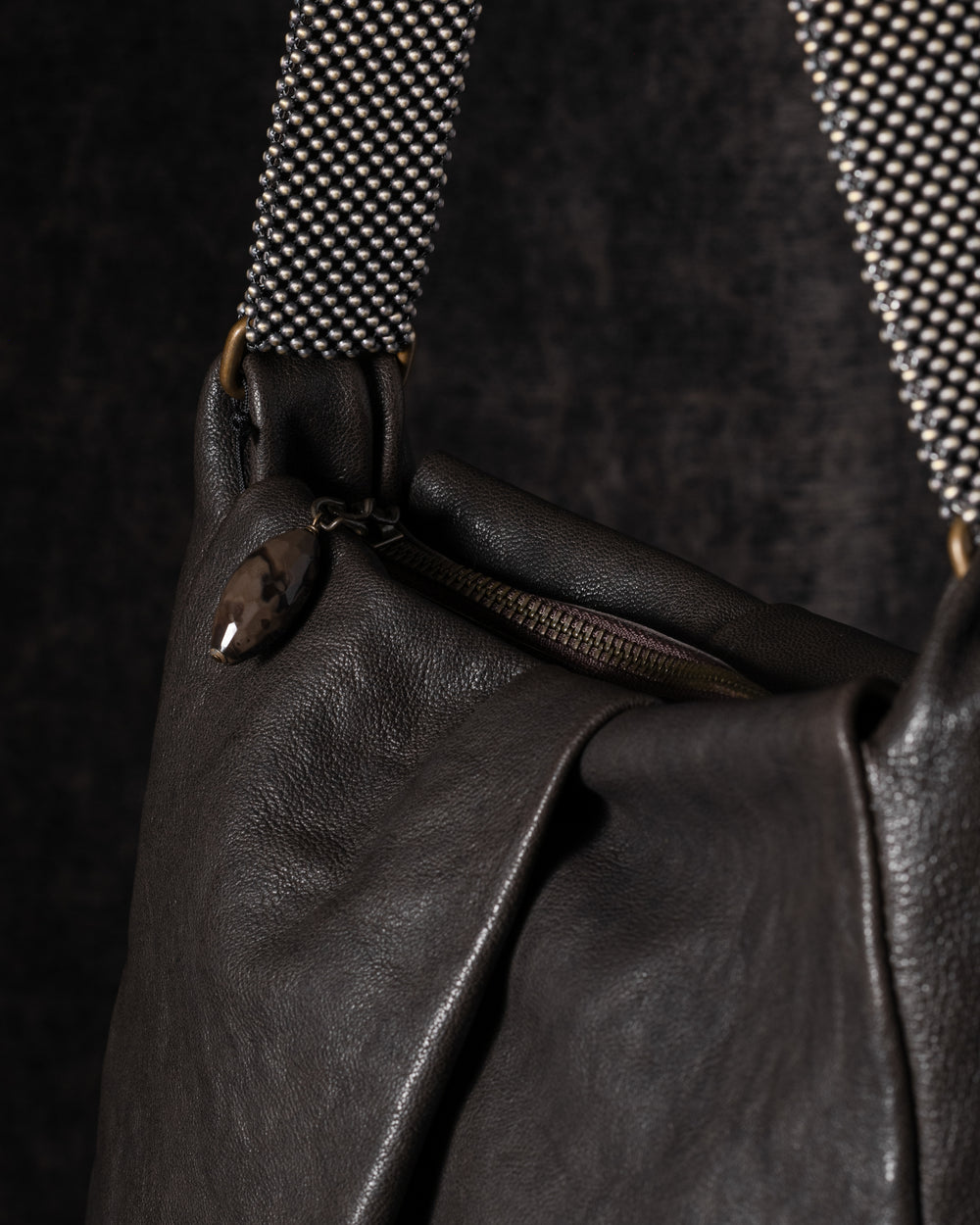 Michelle Shoulder Bag Leather w/ Mesh Handle Brown