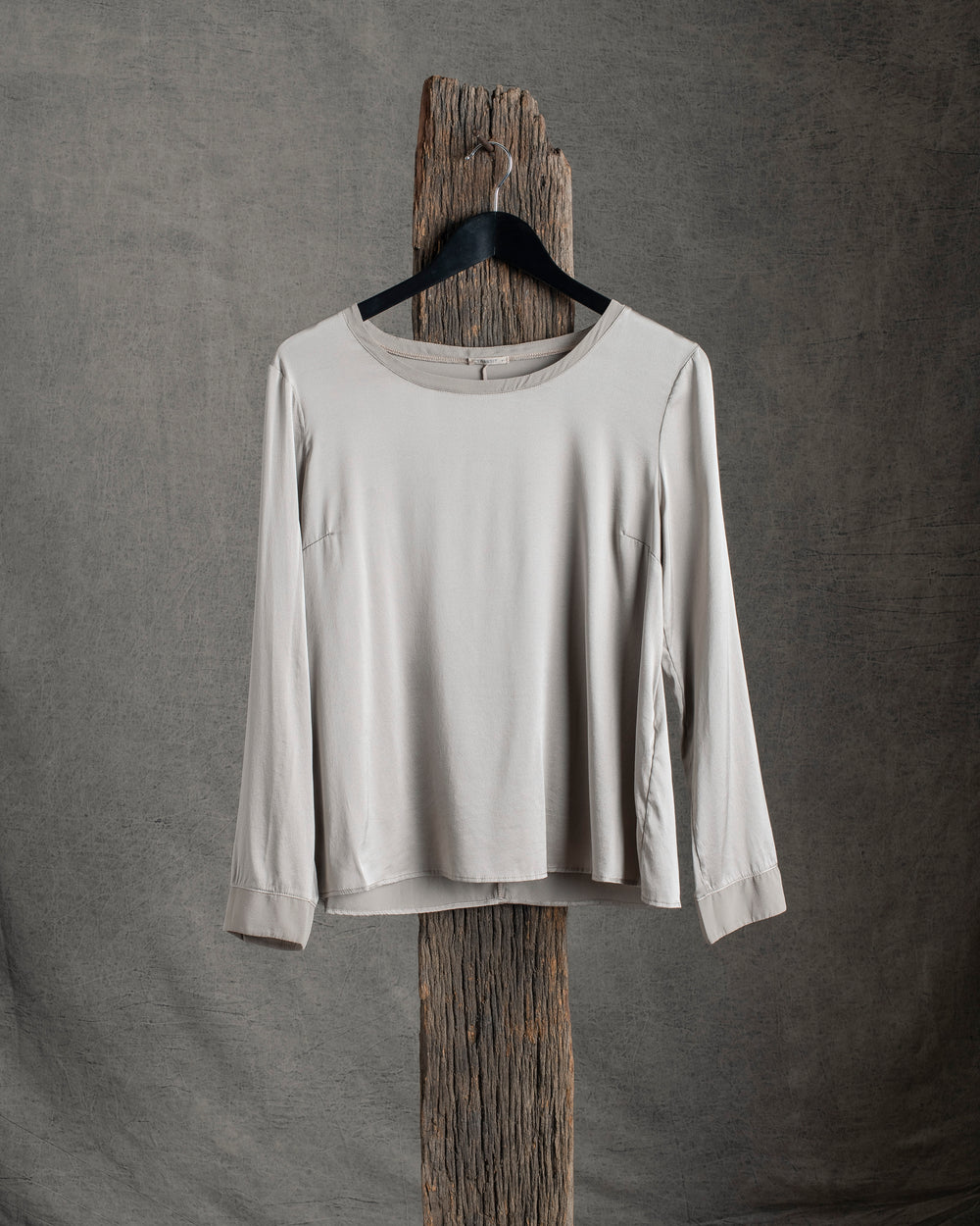Stretch Silk Satin LS Top Stone