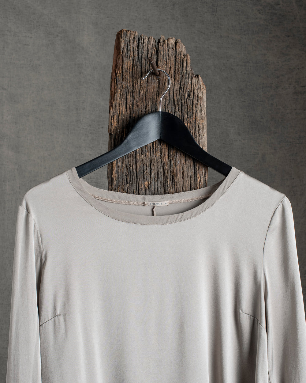 Stretch Silk Satin LS Top Stone