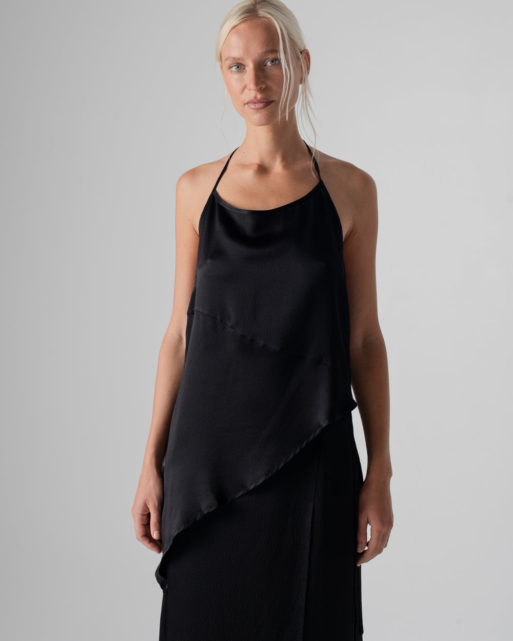 Asymmetrical Tie Tank Hammered Silk Black