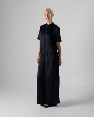 Hammered Silk Frill Short Sleeve Shirt Black