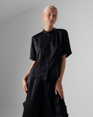 Hammered Silk Frill Short Sleeve Shirt Black