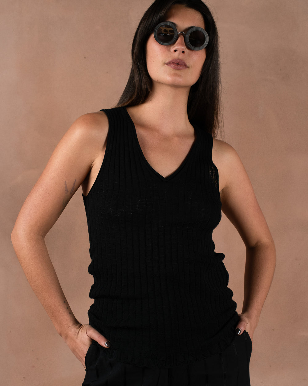 Frayed Tank Top Cotton Silk Black