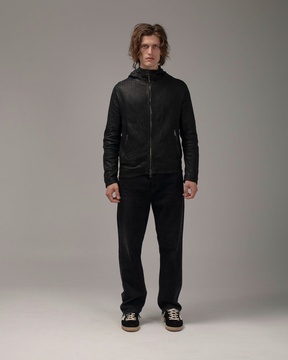 Perforated Leather Hooded Jacket Nero