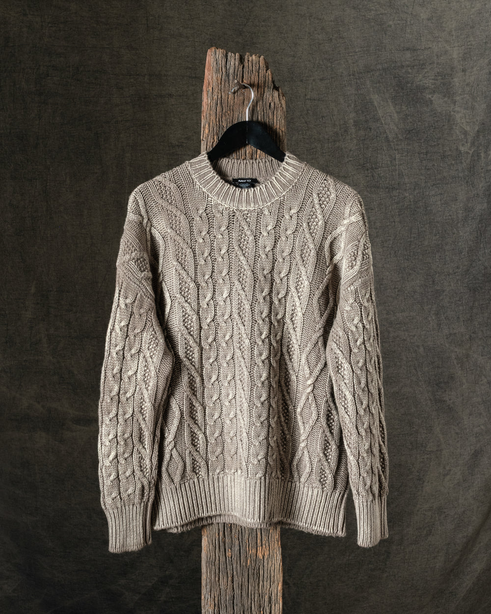 Man Tonal Effect Round Neck Cashmere Wool Pullover w/ Braids Taupe
