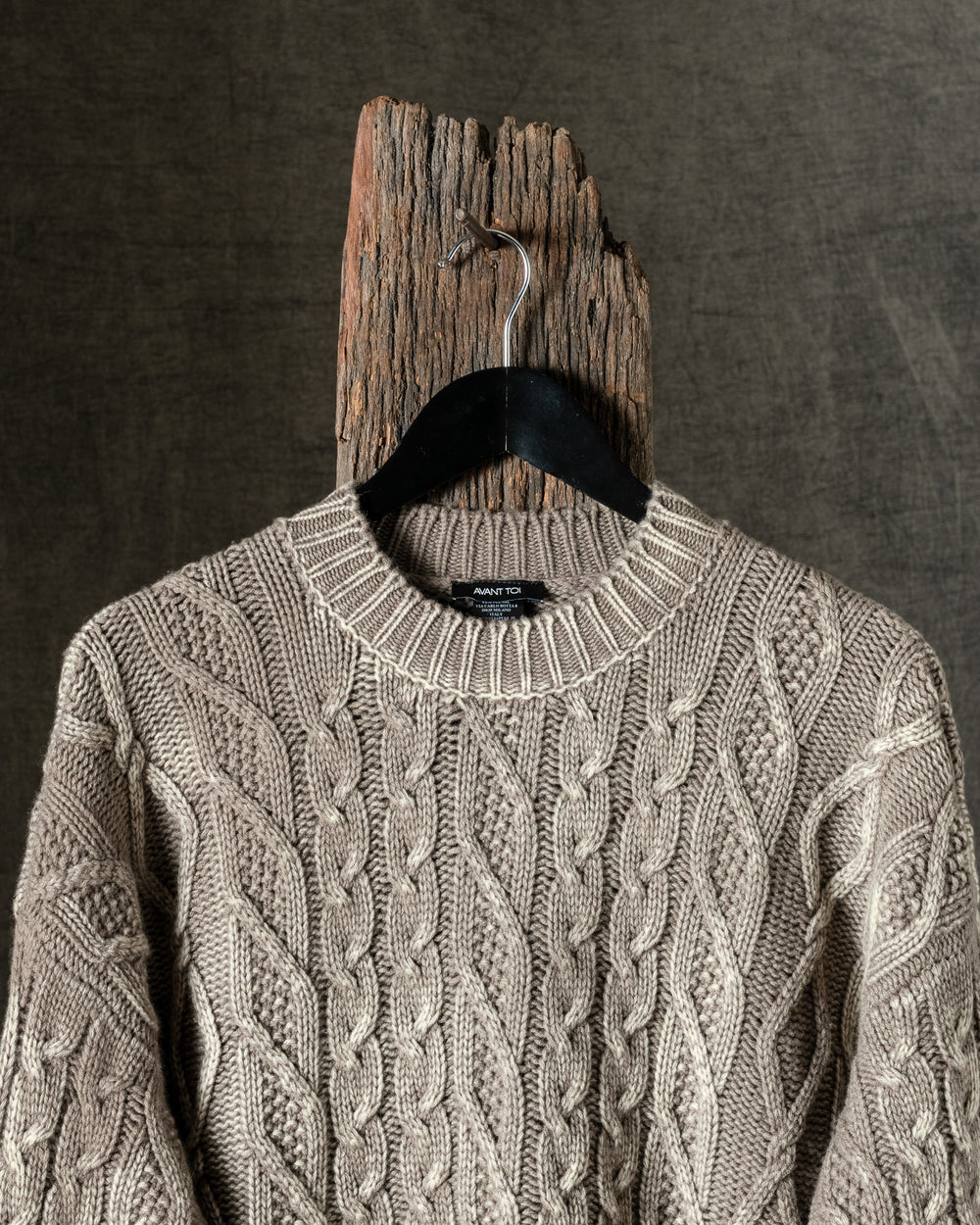 Man Tonal Effect Round Neck Cashmere Wool Pullover w/ Braids Taupe