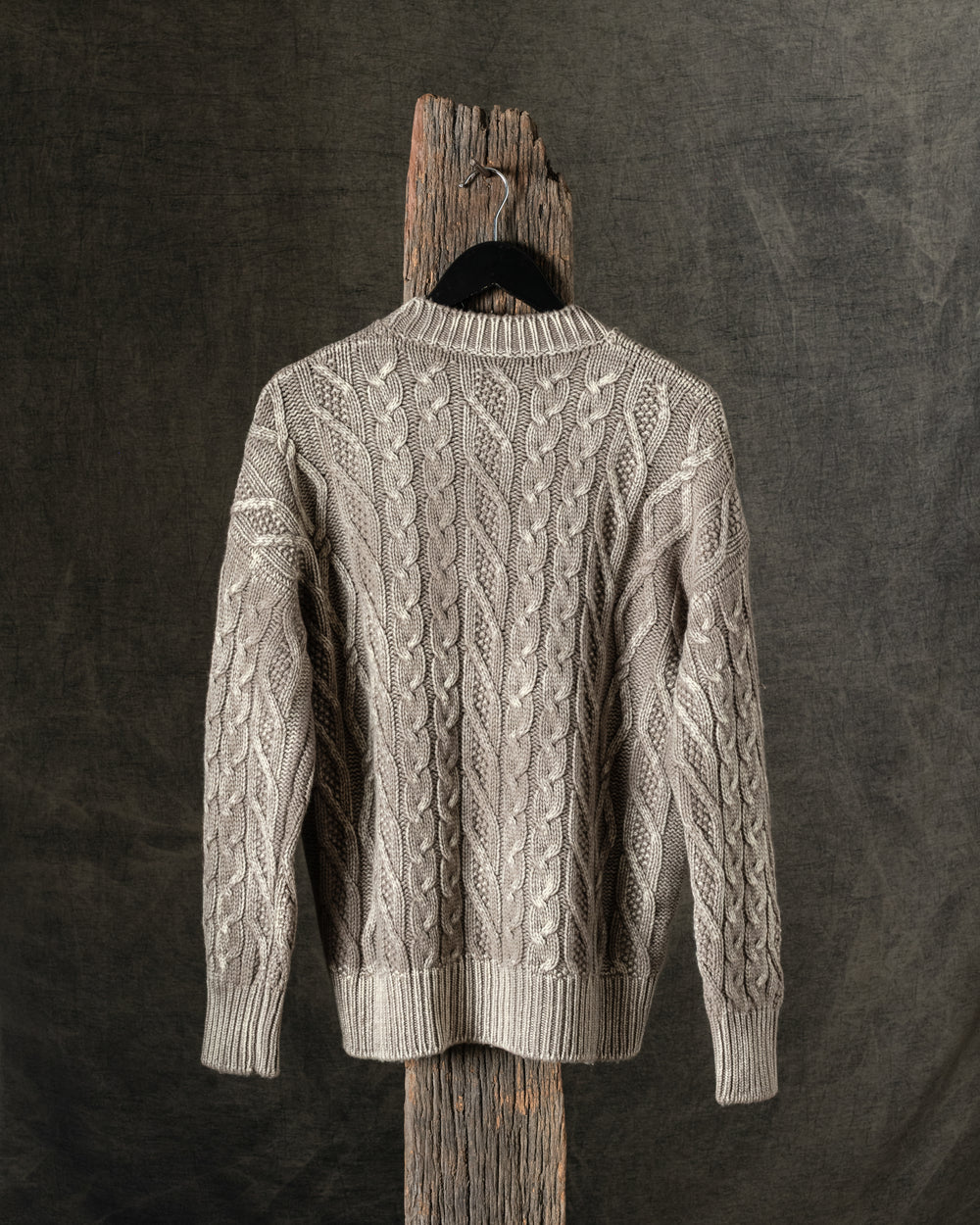 Man Tonal Effect Round Neck Cashmere Wool Pullover w/ Braids Taupe