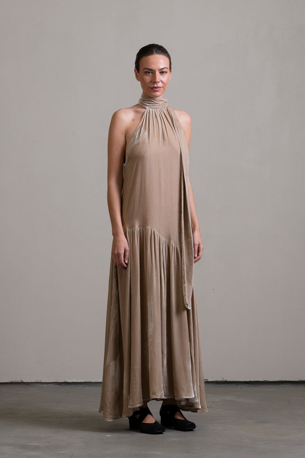 Velvet Halter Dress Stone
