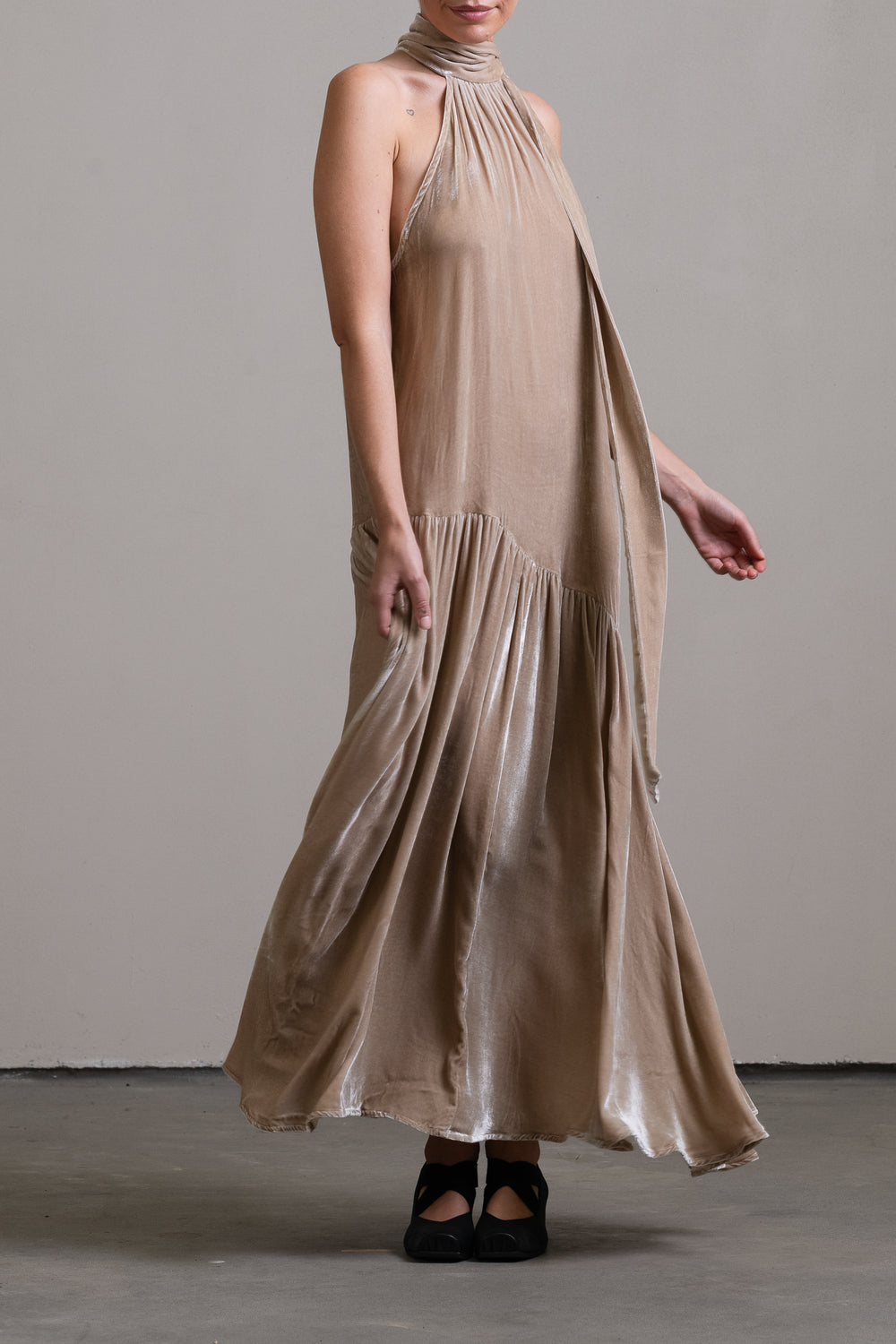 Velvet Halter Dress Stone