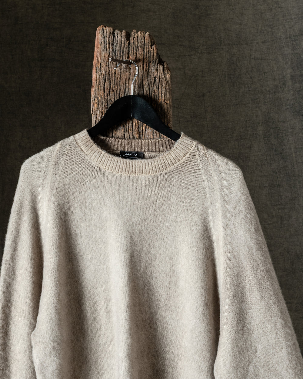 Man Hand Painted Brushed Cashmere Round Neck Pullover w/ Raglan Sleeves Taupe