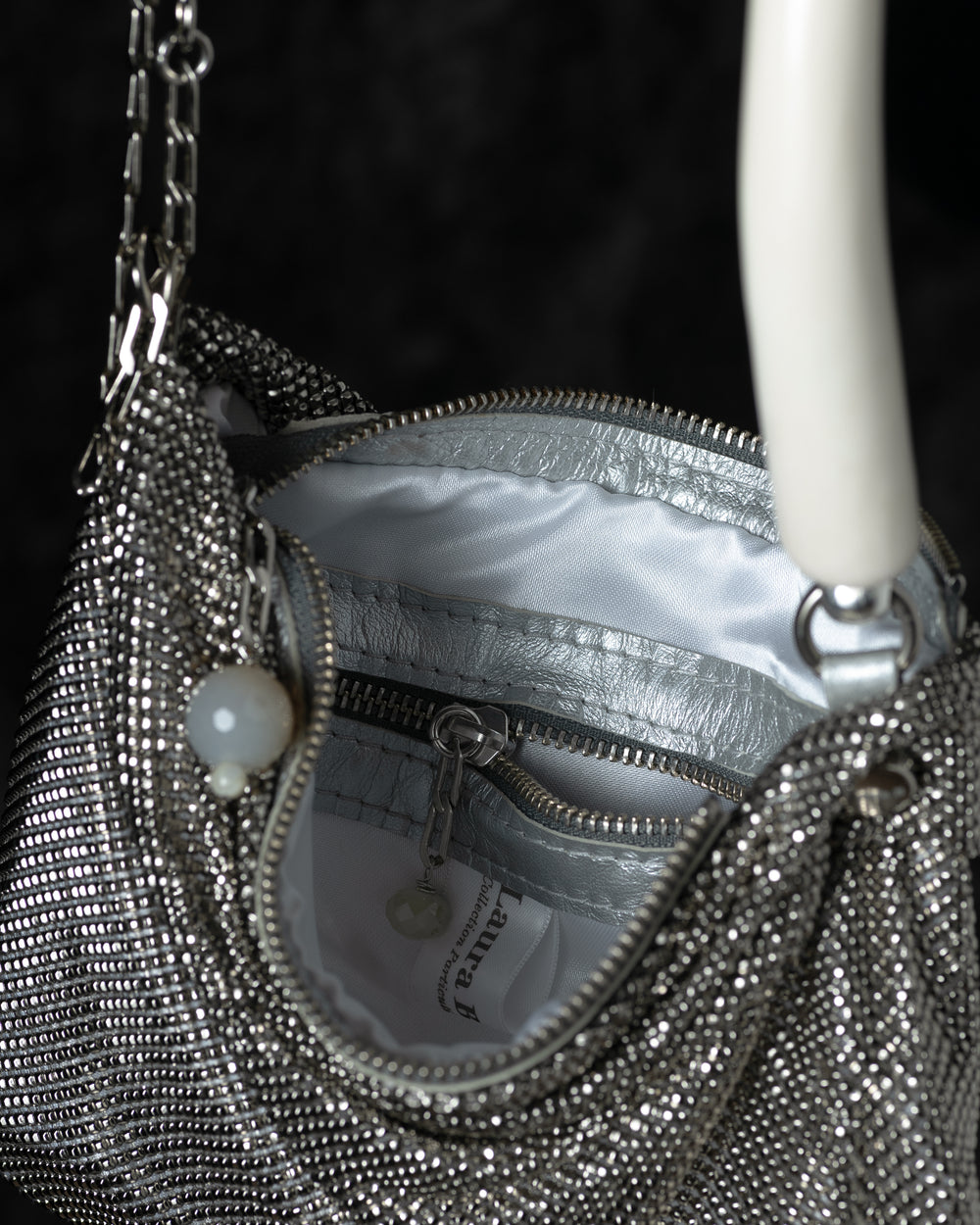 Priscilla Pleated Bag w/ White Horn in Silver