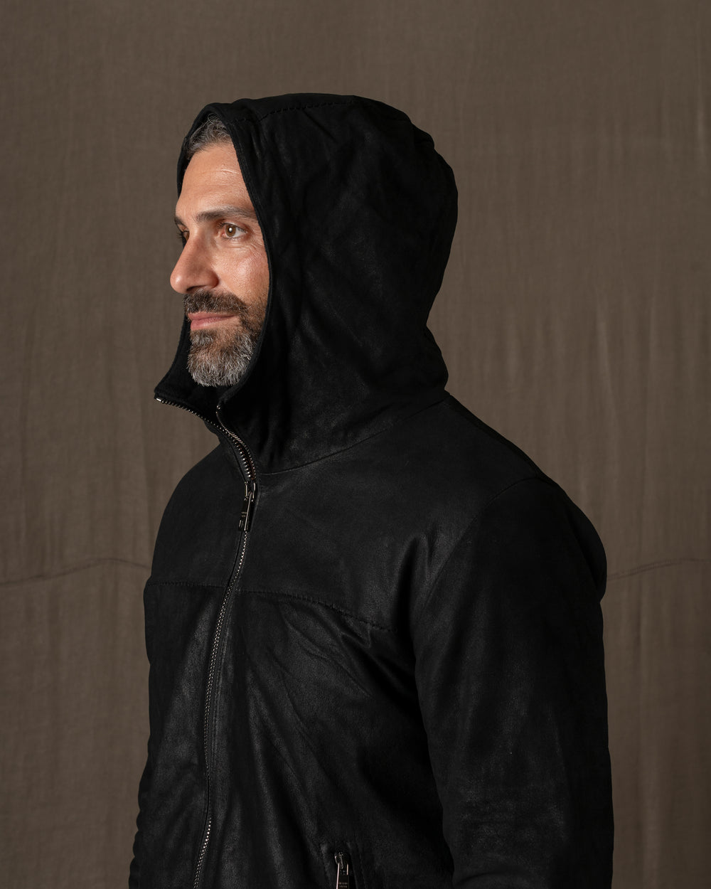 Hooded Leather Jacket Nero GU26F14096SUWX