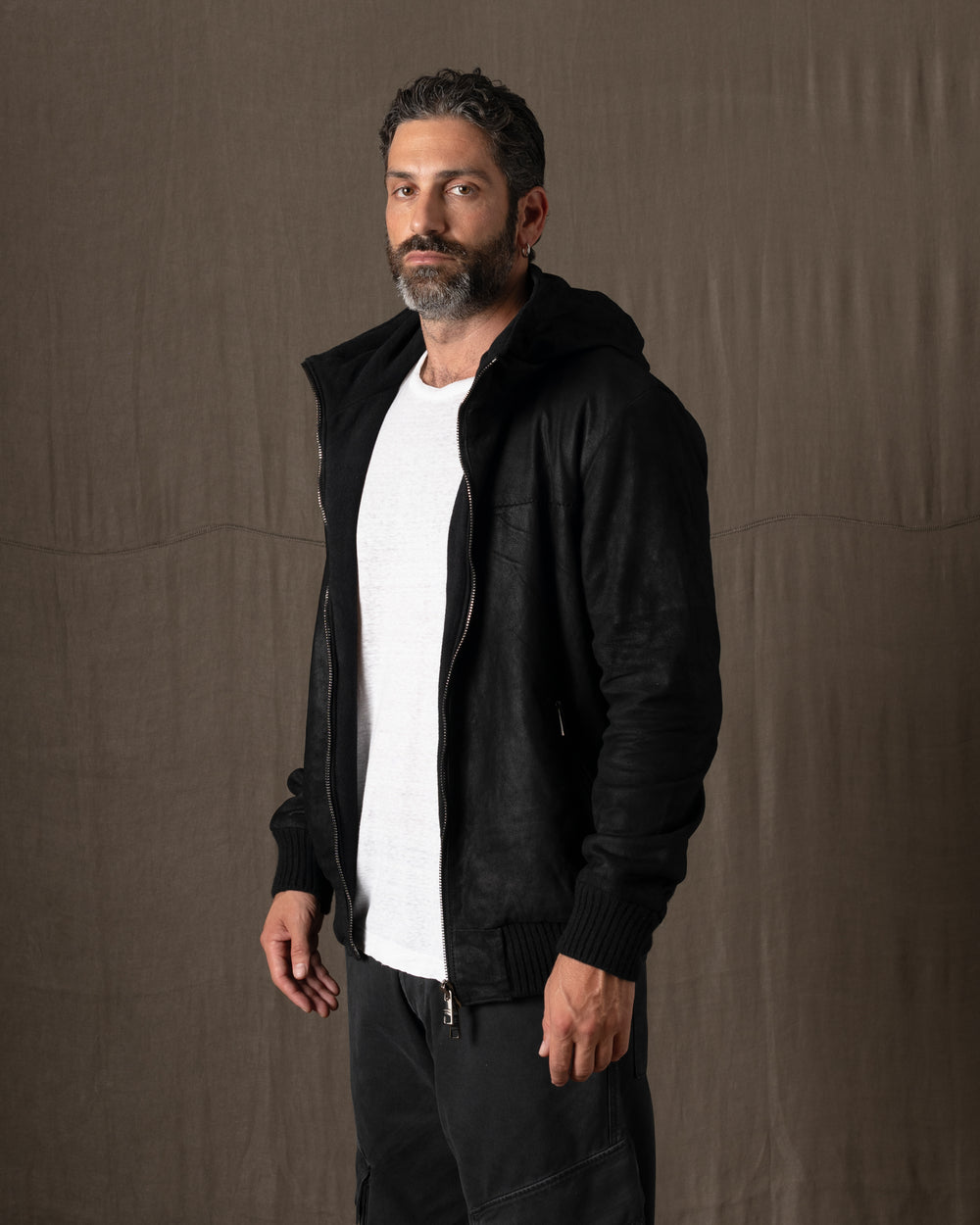 Hooded Leather Jacket Nero GU26F14096SUWX