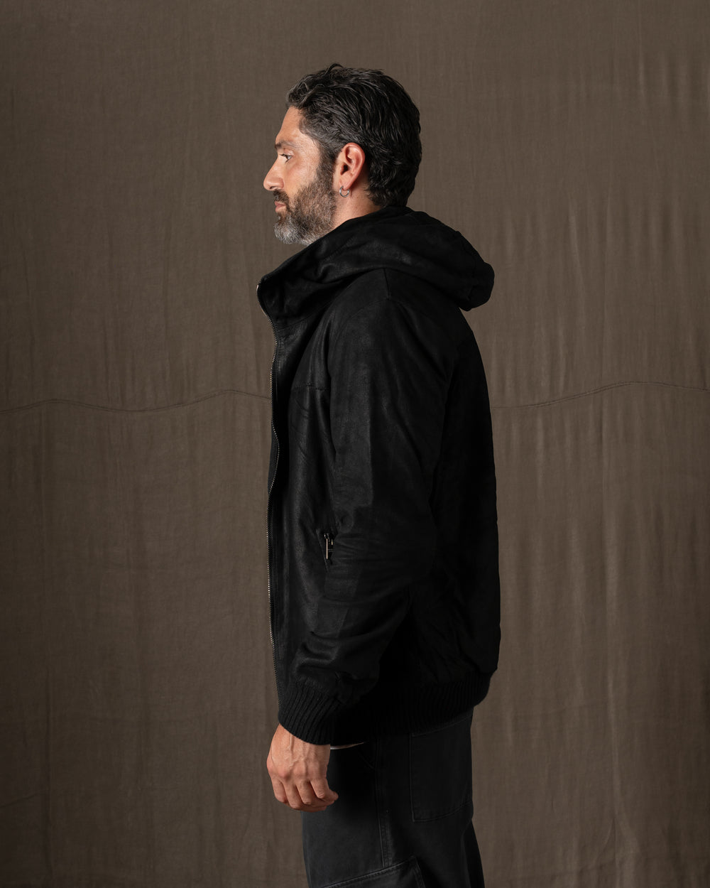 Hooded Leather Jacket Nero GU26F14096SUWX