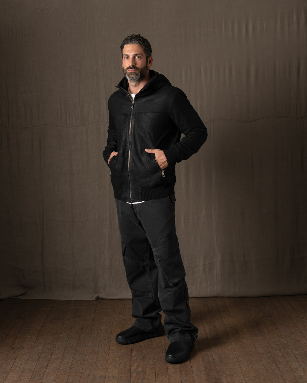 Hooded Leather Jacket Nero GU26F14096SUWX