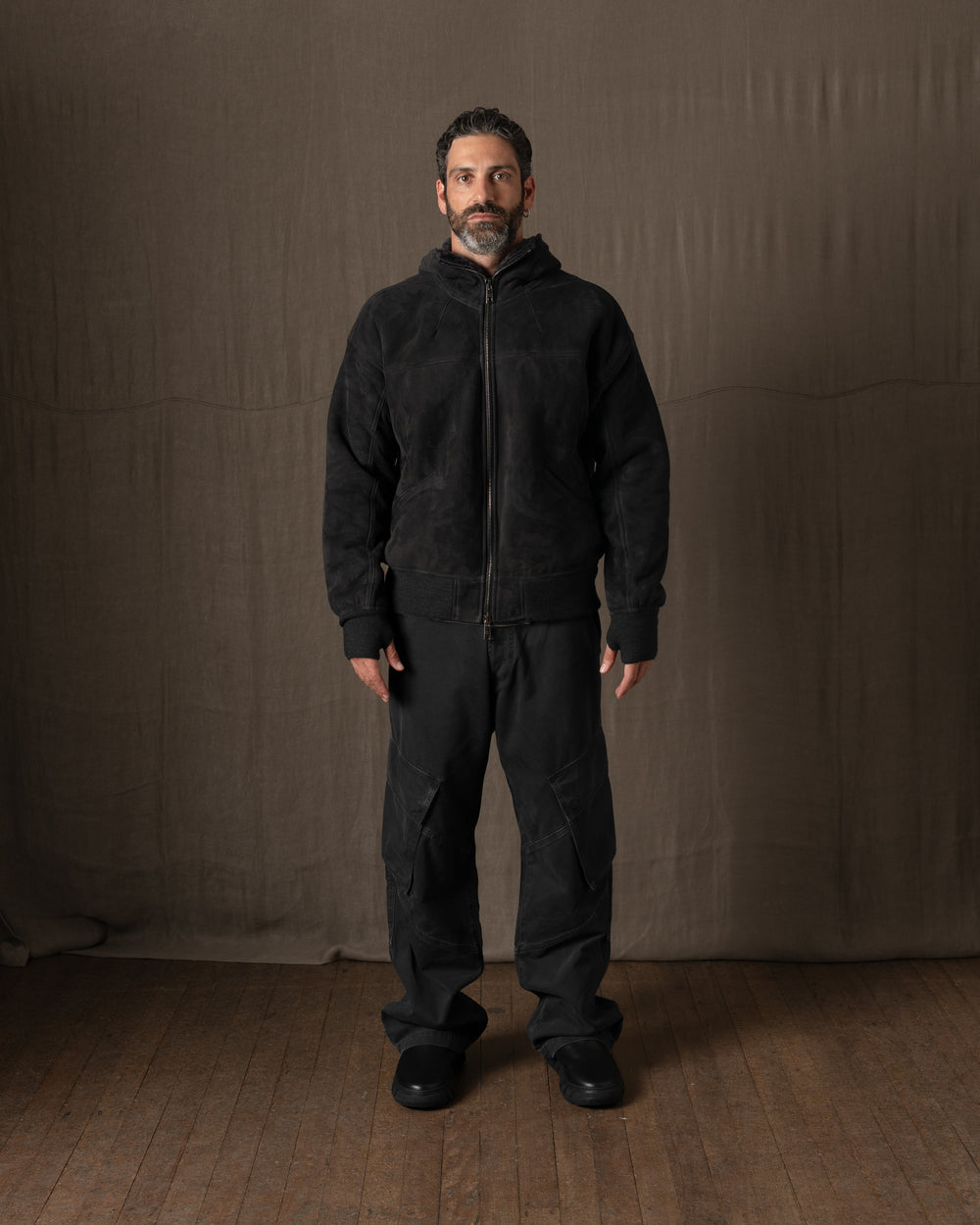 Hooded Leather Jacket w/ Shearling Tar GU26F22009MEVL