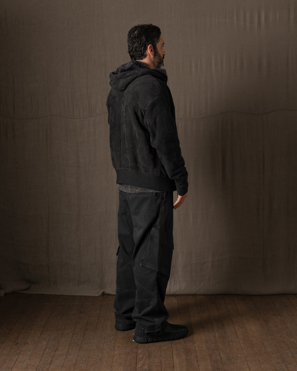 Hooded Leather Jacket w/ Shearling Tar GU26F22009MEVL