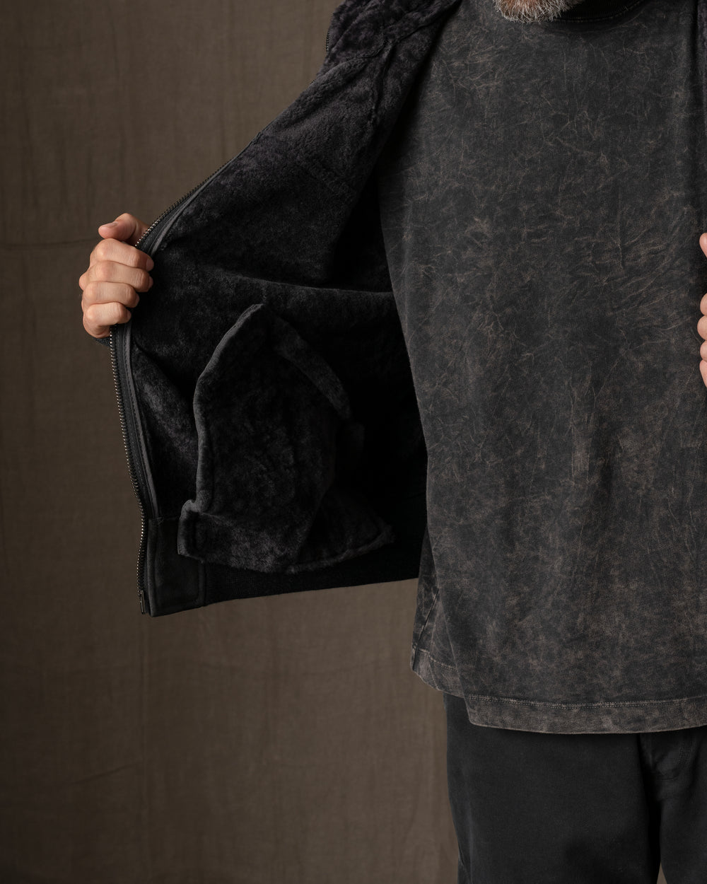 Hooded Leather Jacket w/ Shearling Tar GU26F22009MEVL