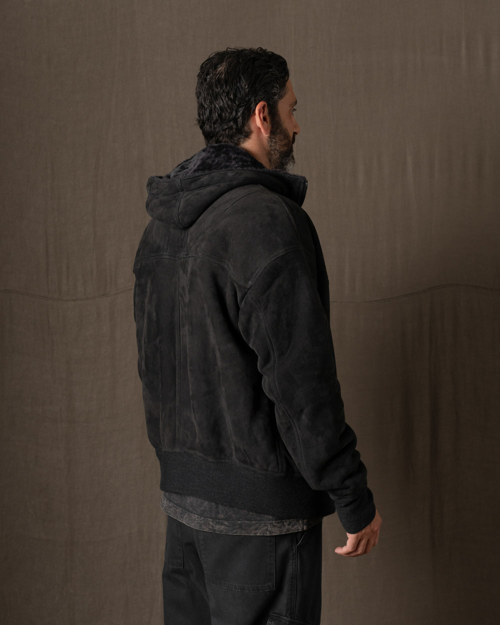 Hooded Leather Jacket w/ Shearling Tar GU26F22009MEVL