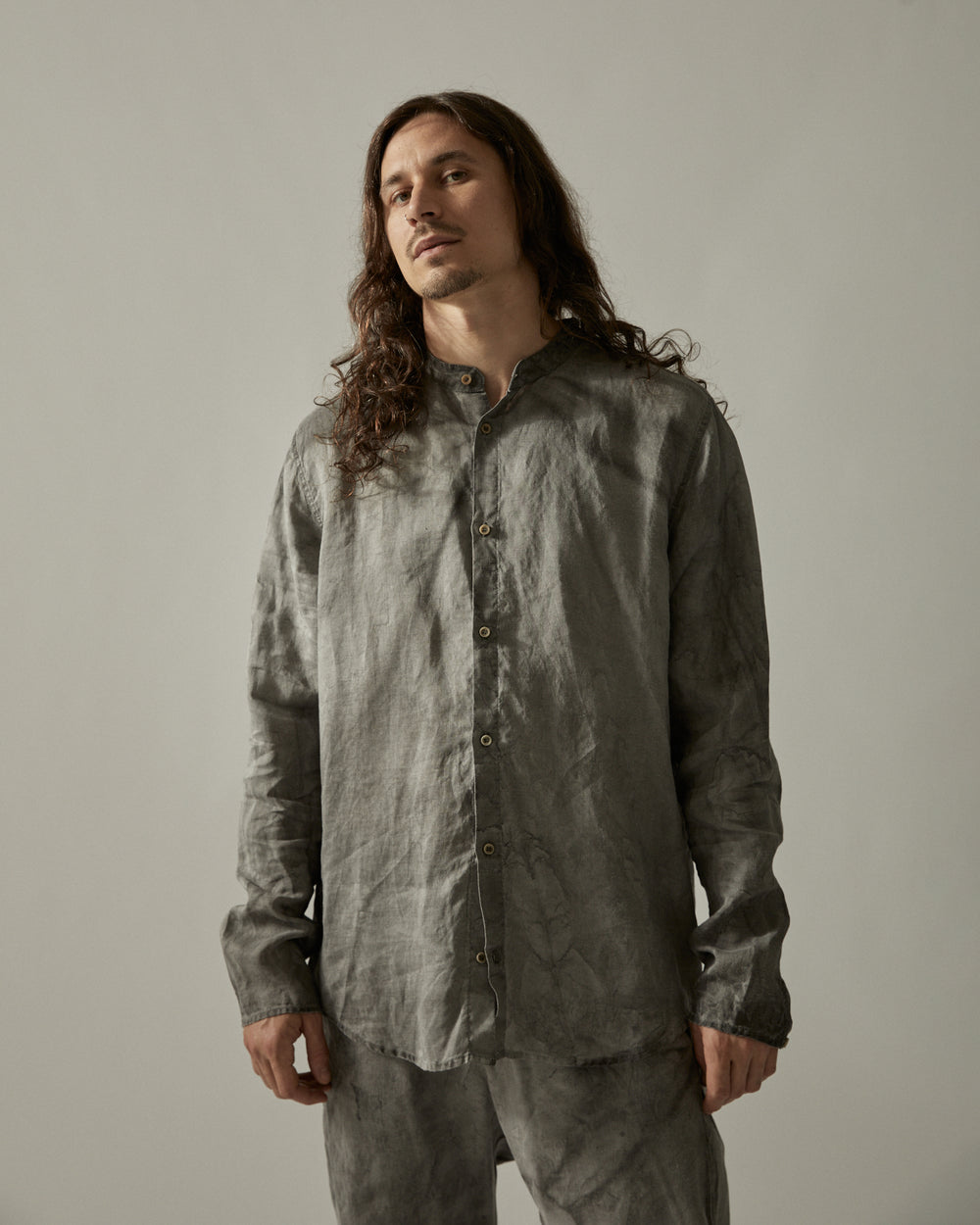 Korean Neck Shirt Without Cuffs Hand Dyed Grey
