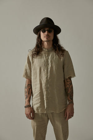 Short Sleeve Korean Neck Shirt Raw Edge Sand