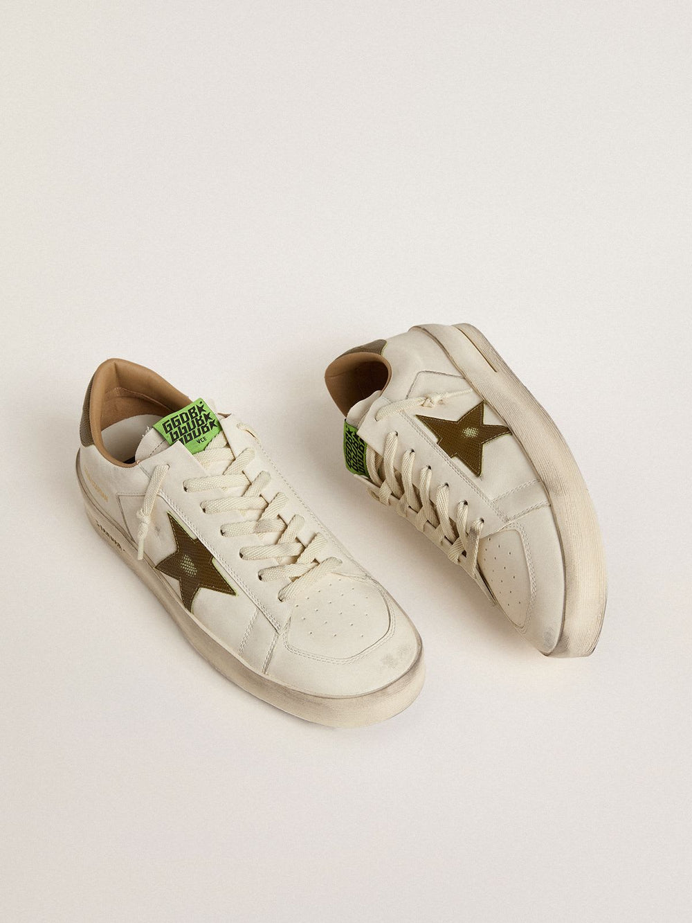 Men's Stardan White Leather w/ Military-Green Snake-print Leather Star